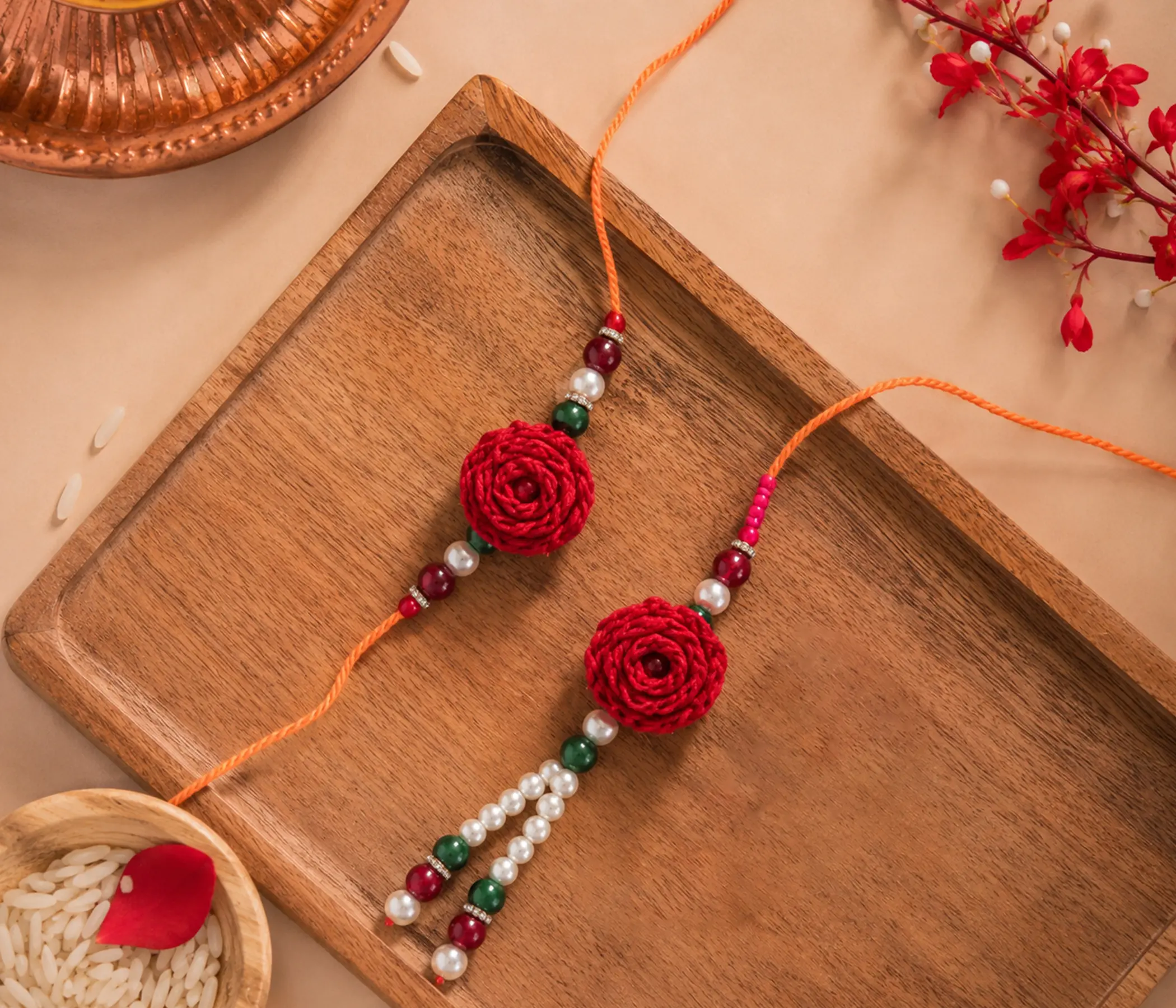 Handmade Crochet Red Floral Rakhi Set for Raksha Bandhan
